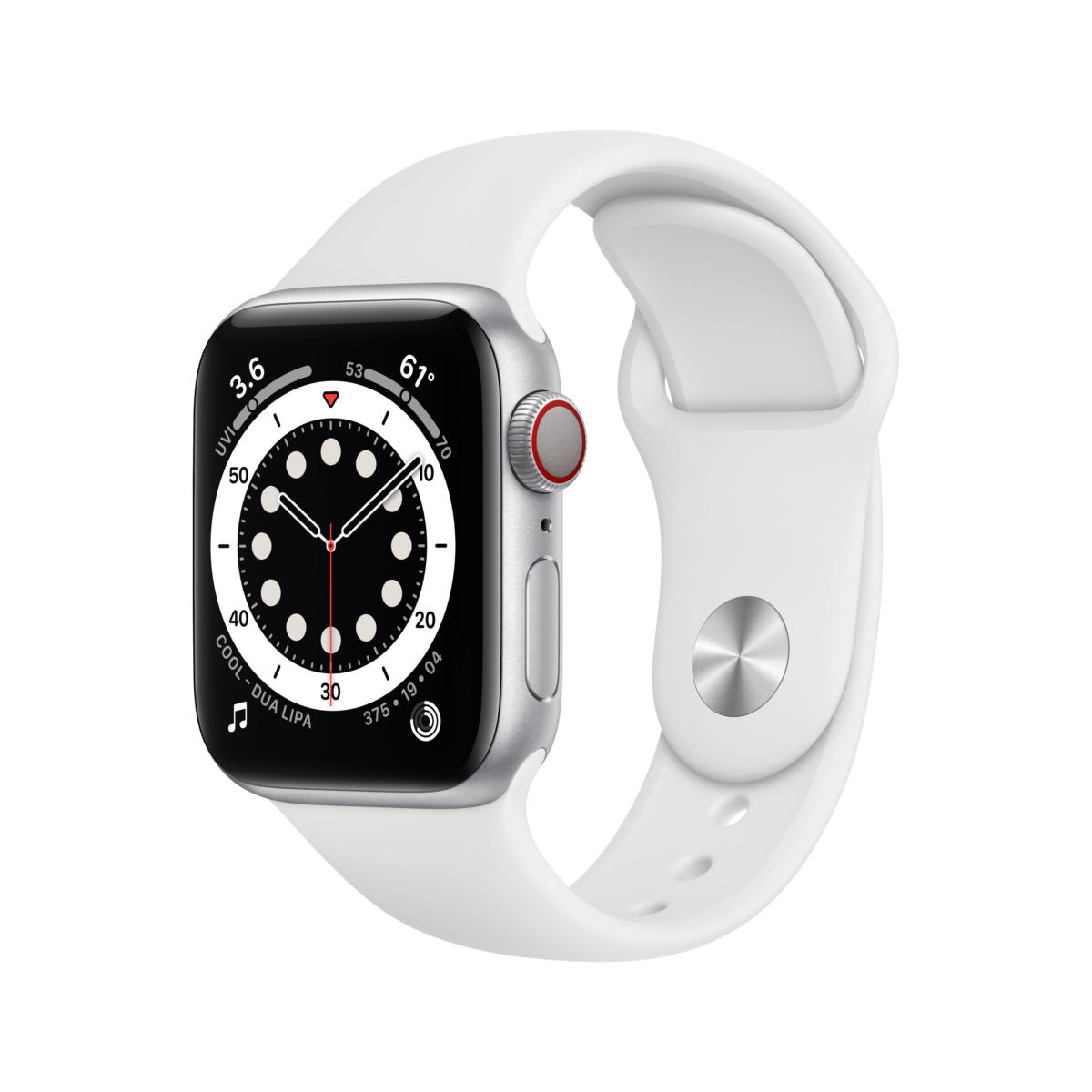 M02N3LL/A - $295 - Apple Watch Series 6 (GPS + Cellular) 40mm SILVER  Aluminum Case with WHITE Sport Band